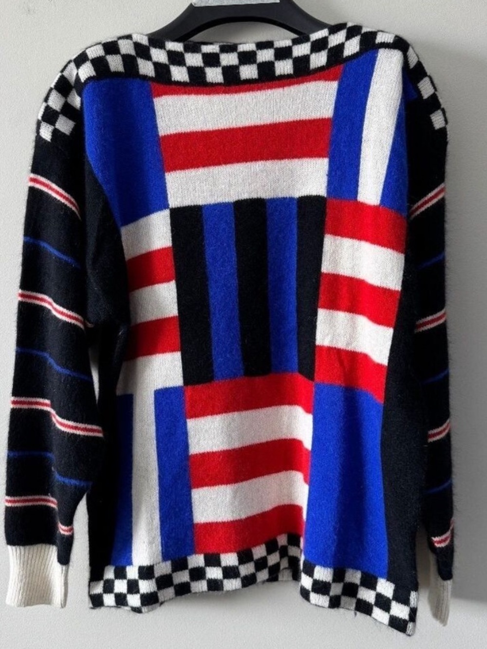 Vintage Colorful Geometric Women's Sweater boat neck lamb wool angora size large